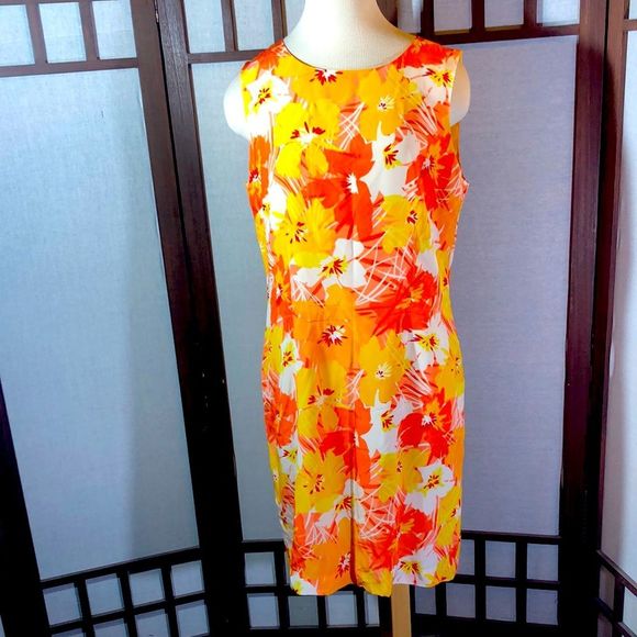 100% silk sheath dress/Casual Corner/ yellows, oranges/white/sleeveless/lined - Picture 1 of 14